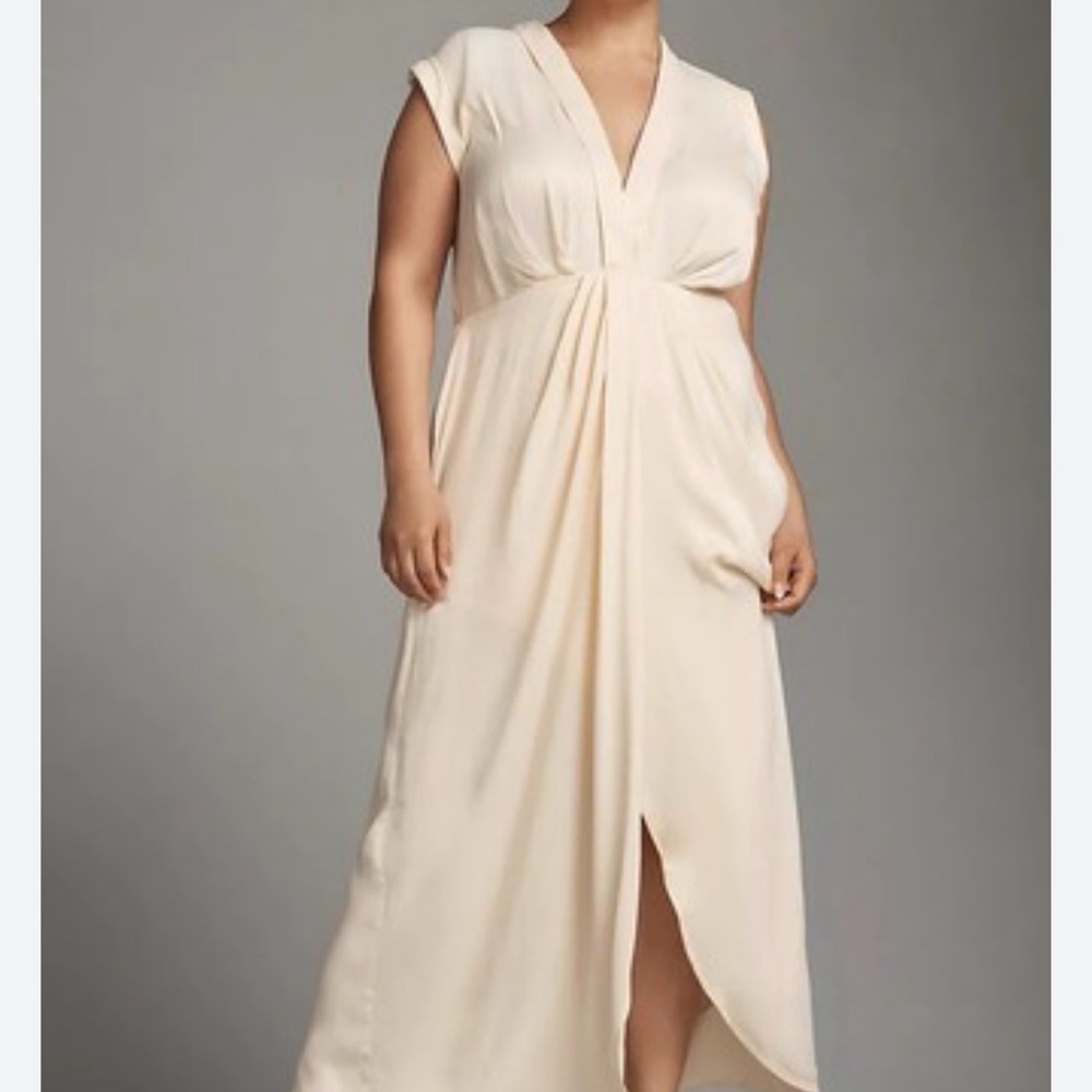 NWT Anthropologie Sleeveless V Neck Satin Twist Front Cream Maxi Dress